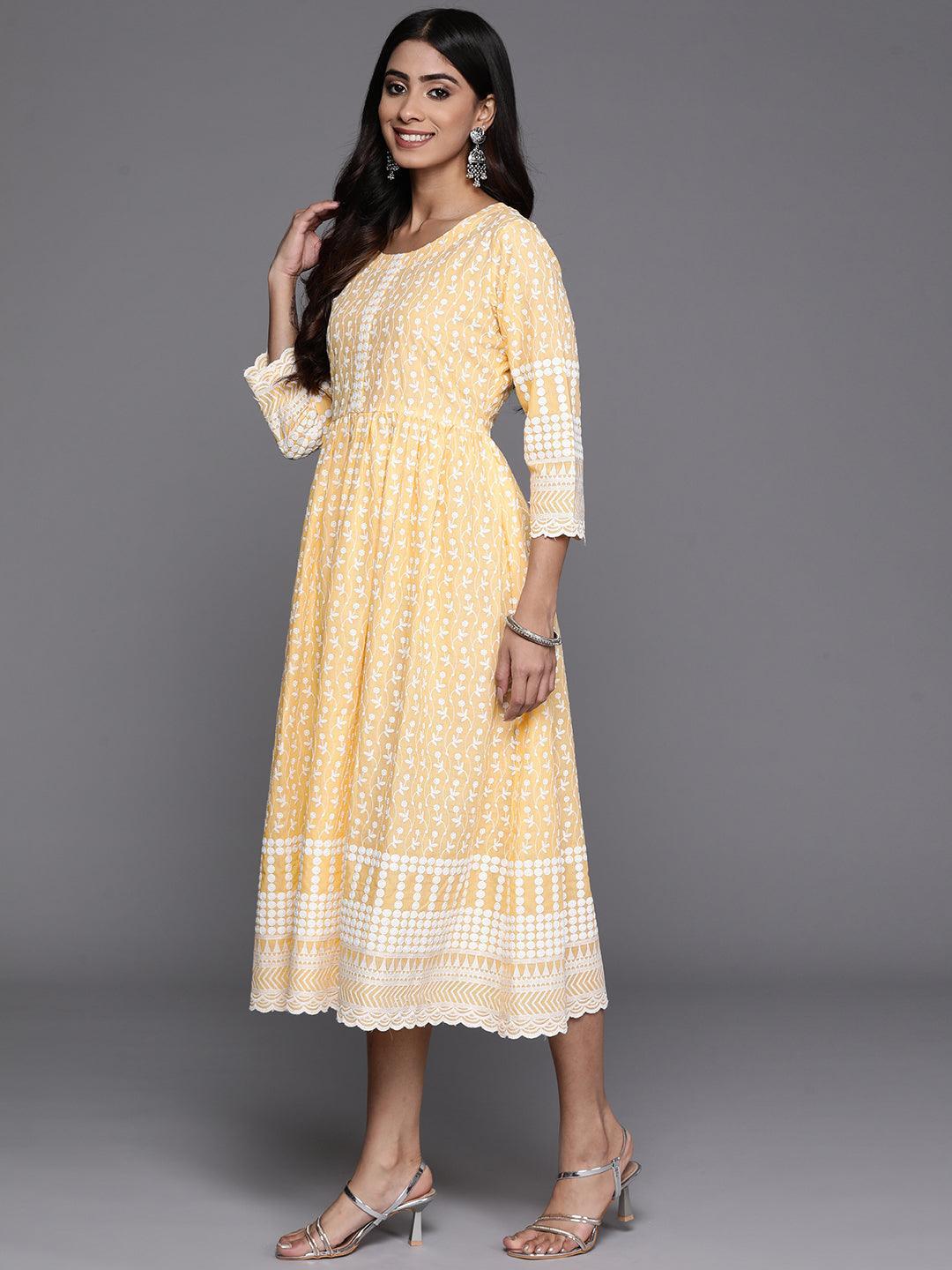 Yellow Printed Cotton Fit and Flare Dress