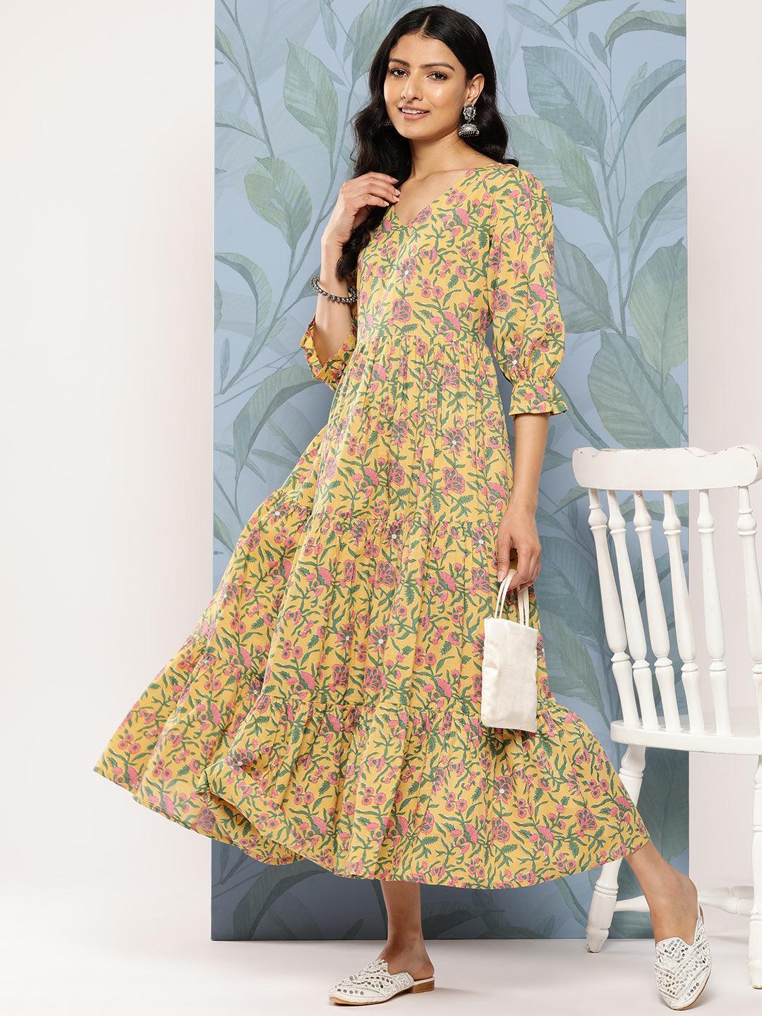 Yellow Printed Cotton Fit and Flare Dress