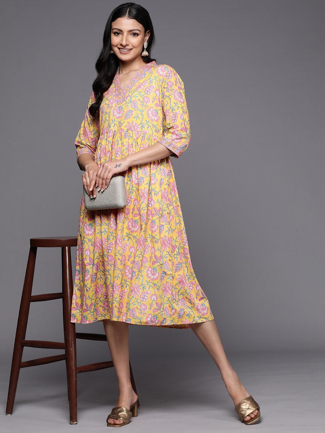 Yellow Printed Cotton Fit and Flare Dress