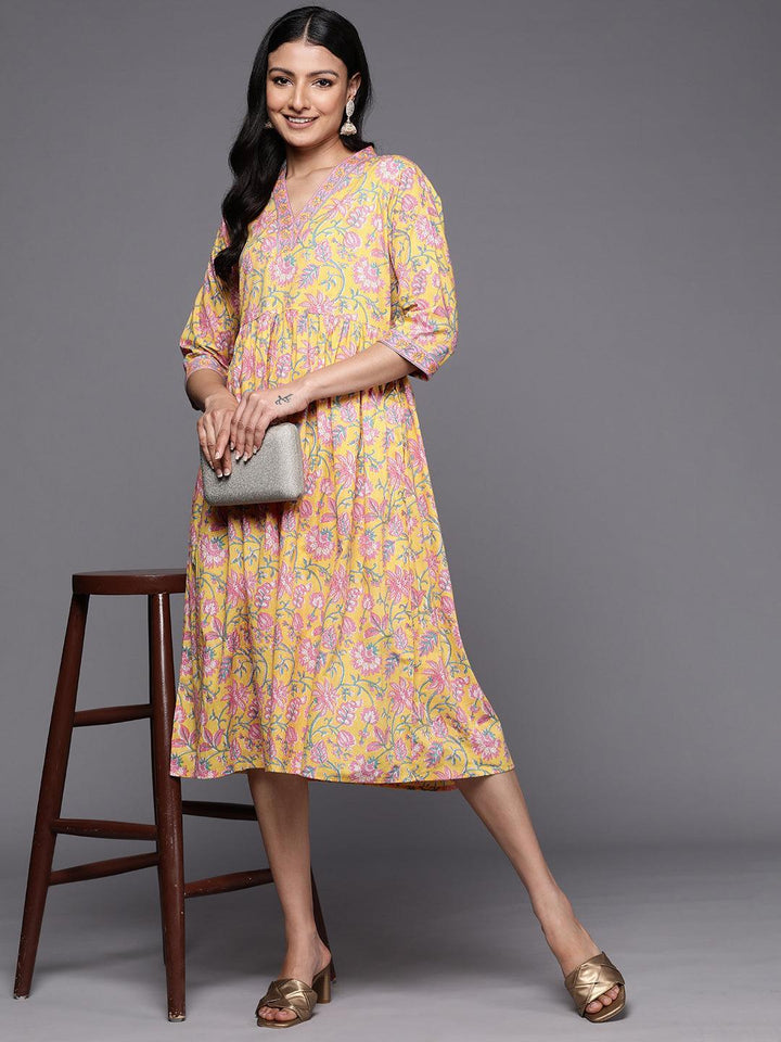 Yellow Printed Cotton Fit and Flare Dress - ShopLibas