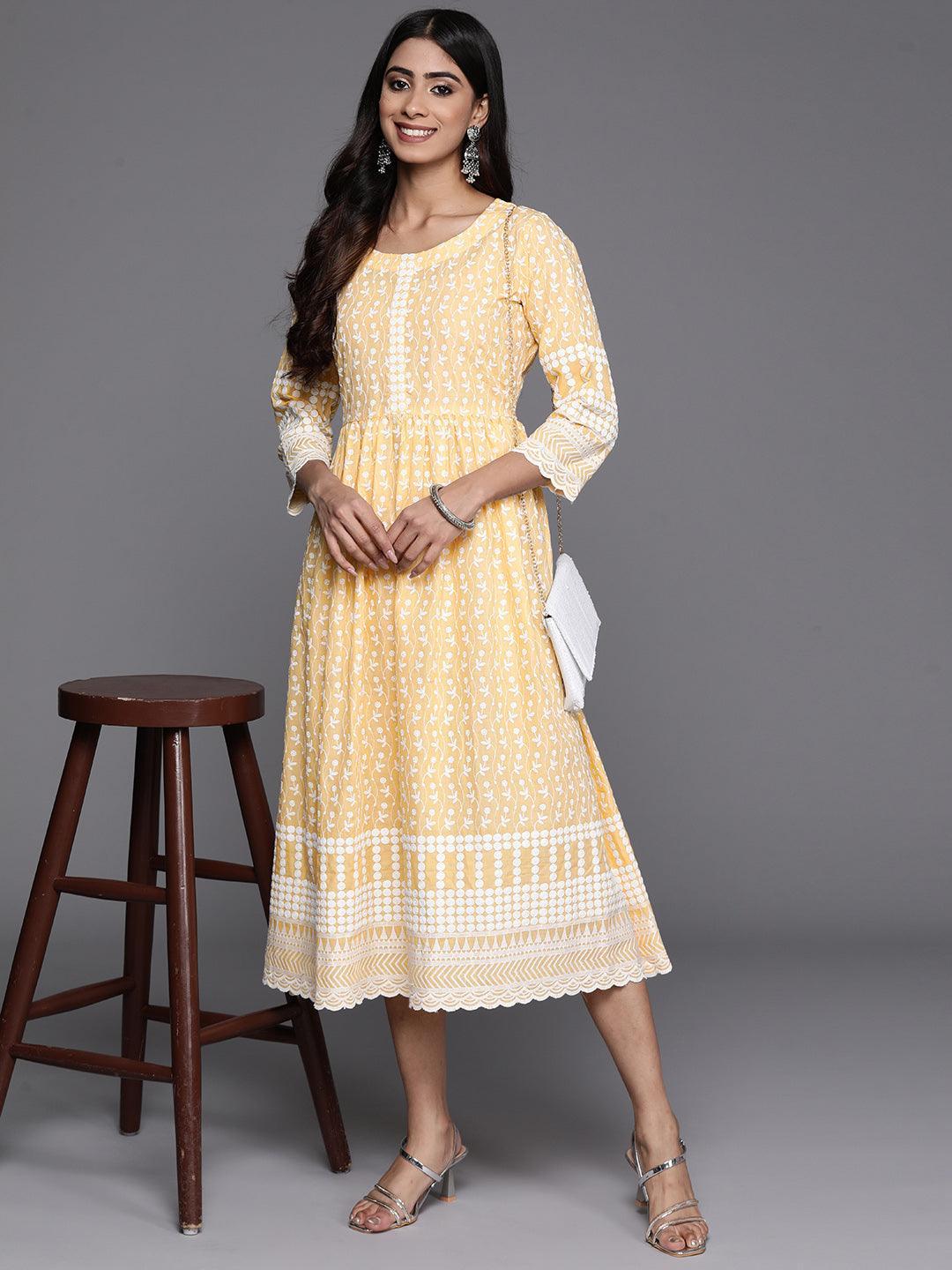 Yellow Printed Cotton Fit and Flare Dress