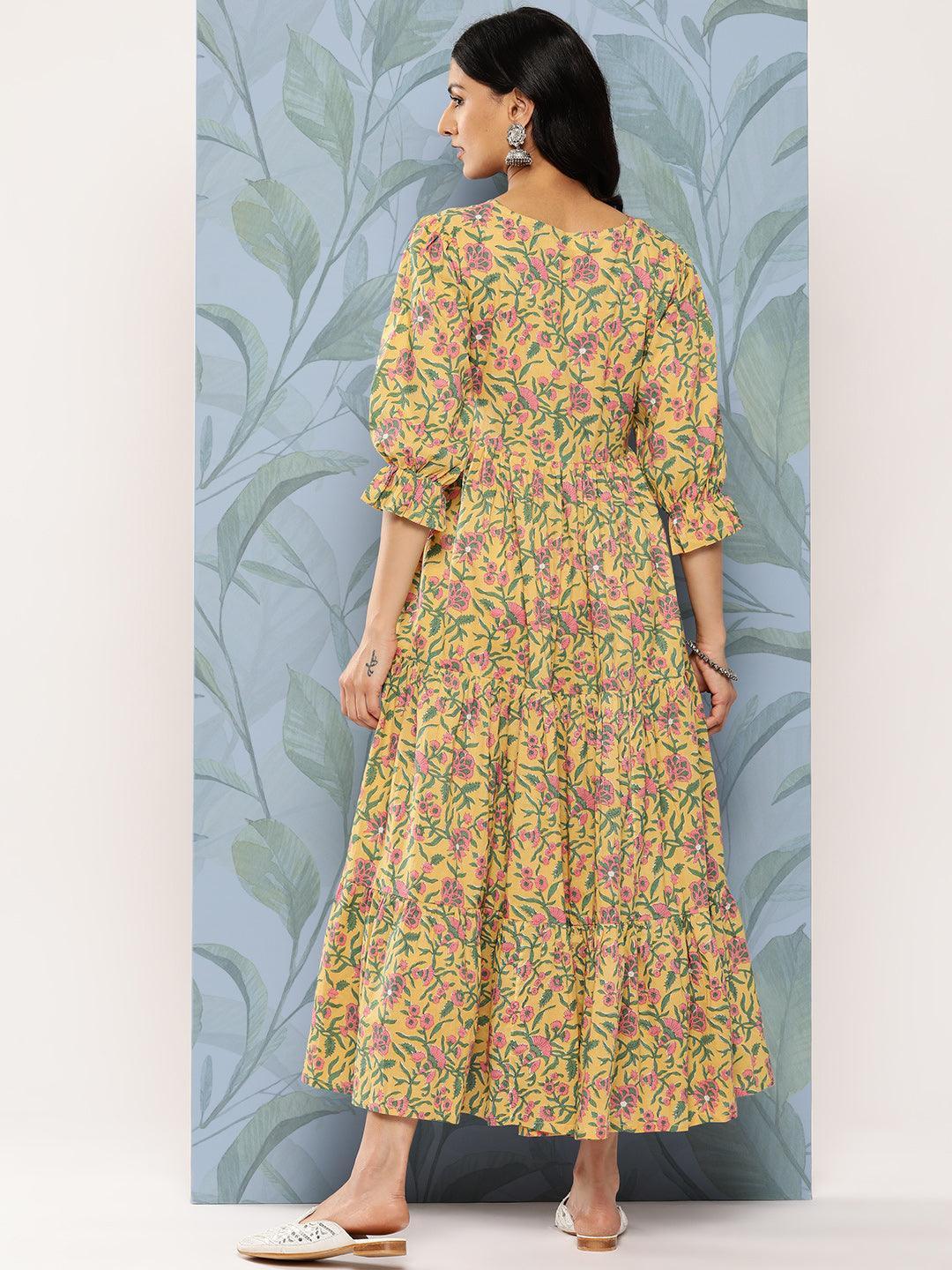 Yellow Printed Cotton Fit and Flare Dress