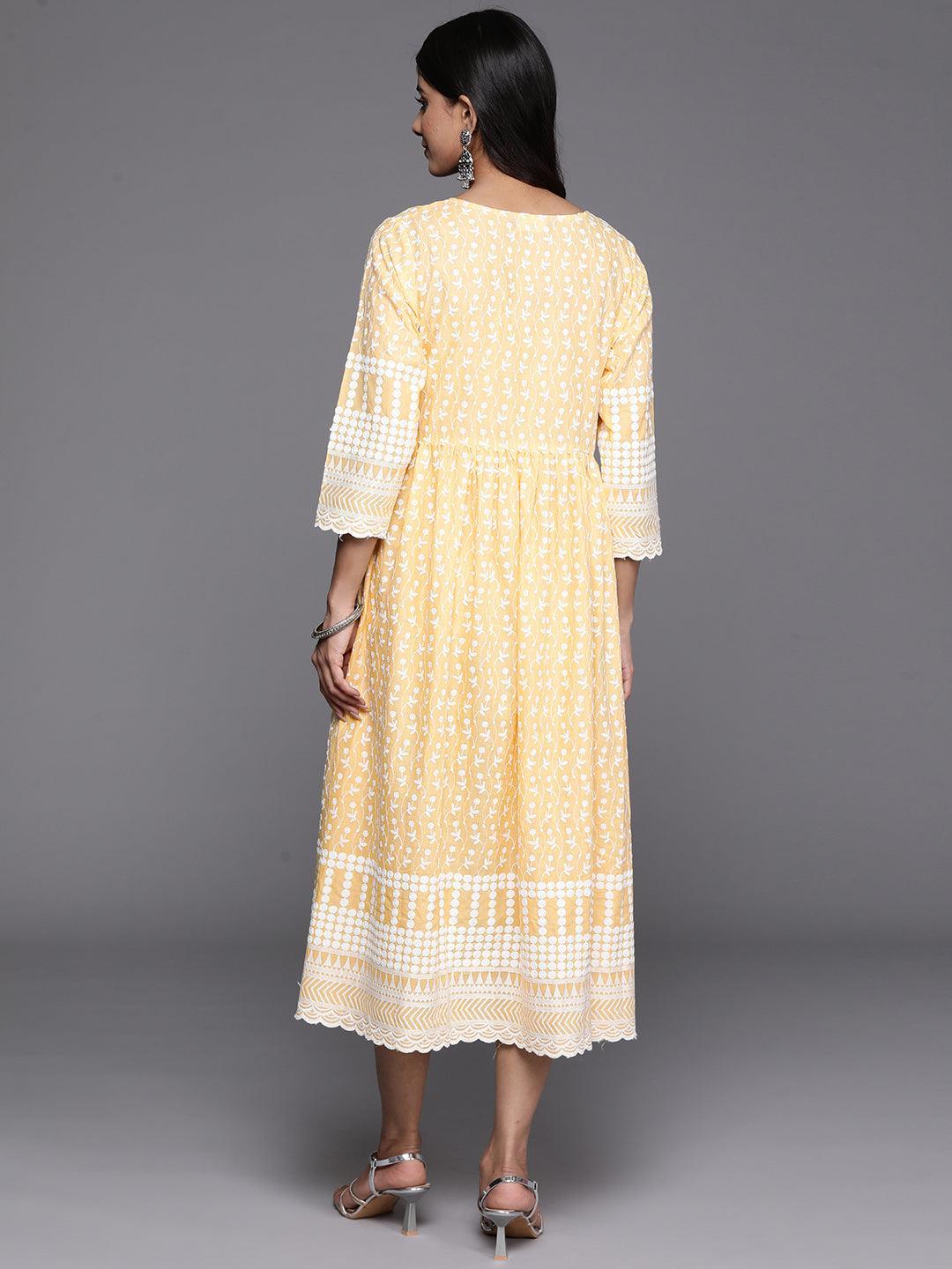 Yellow Printed Cotton Fit and Flare Dress