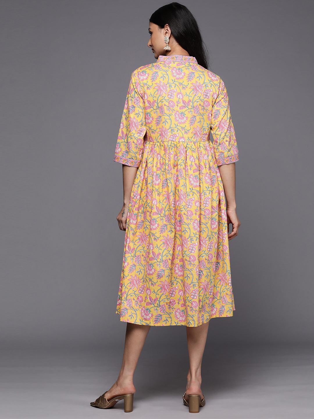 Yellow Printed Cotton Fit and Flare Dress