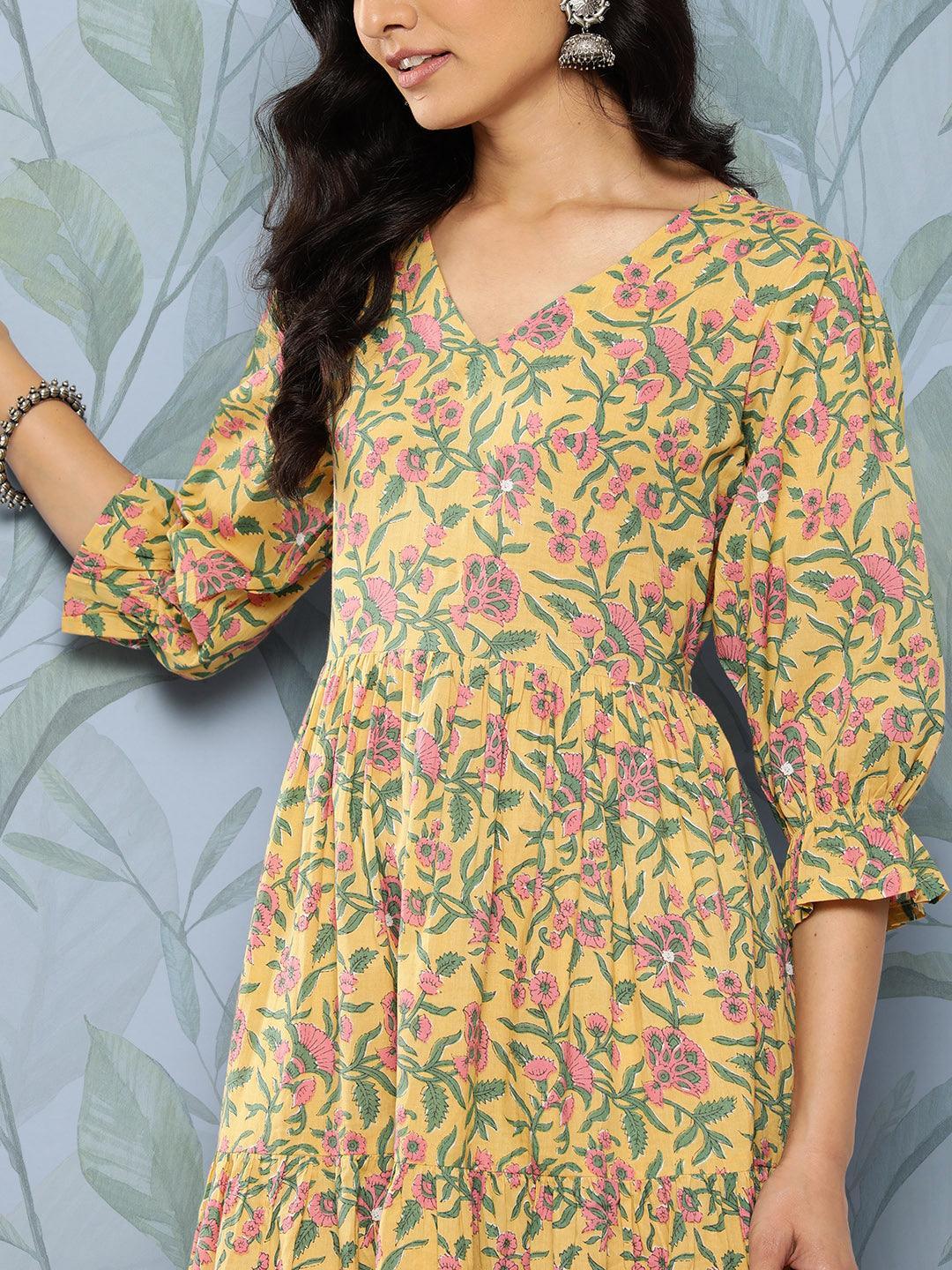 Yellow Printed Cotton Fit and Flare Dress