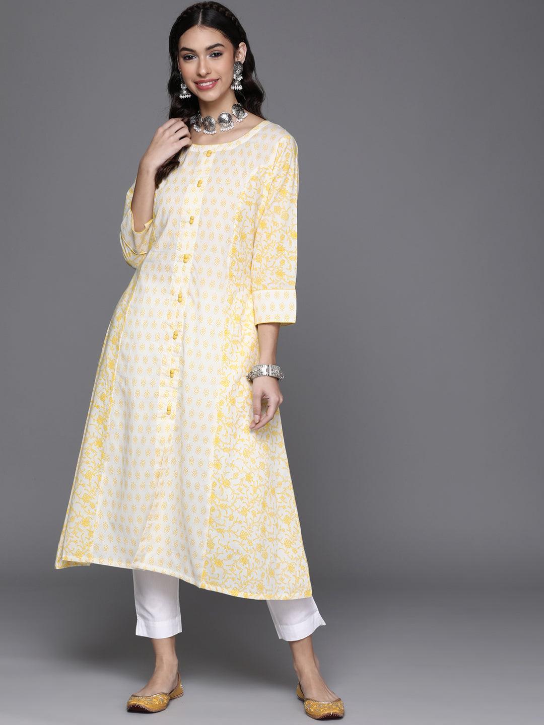 Yellow Printed Cotton Kurta - Libas