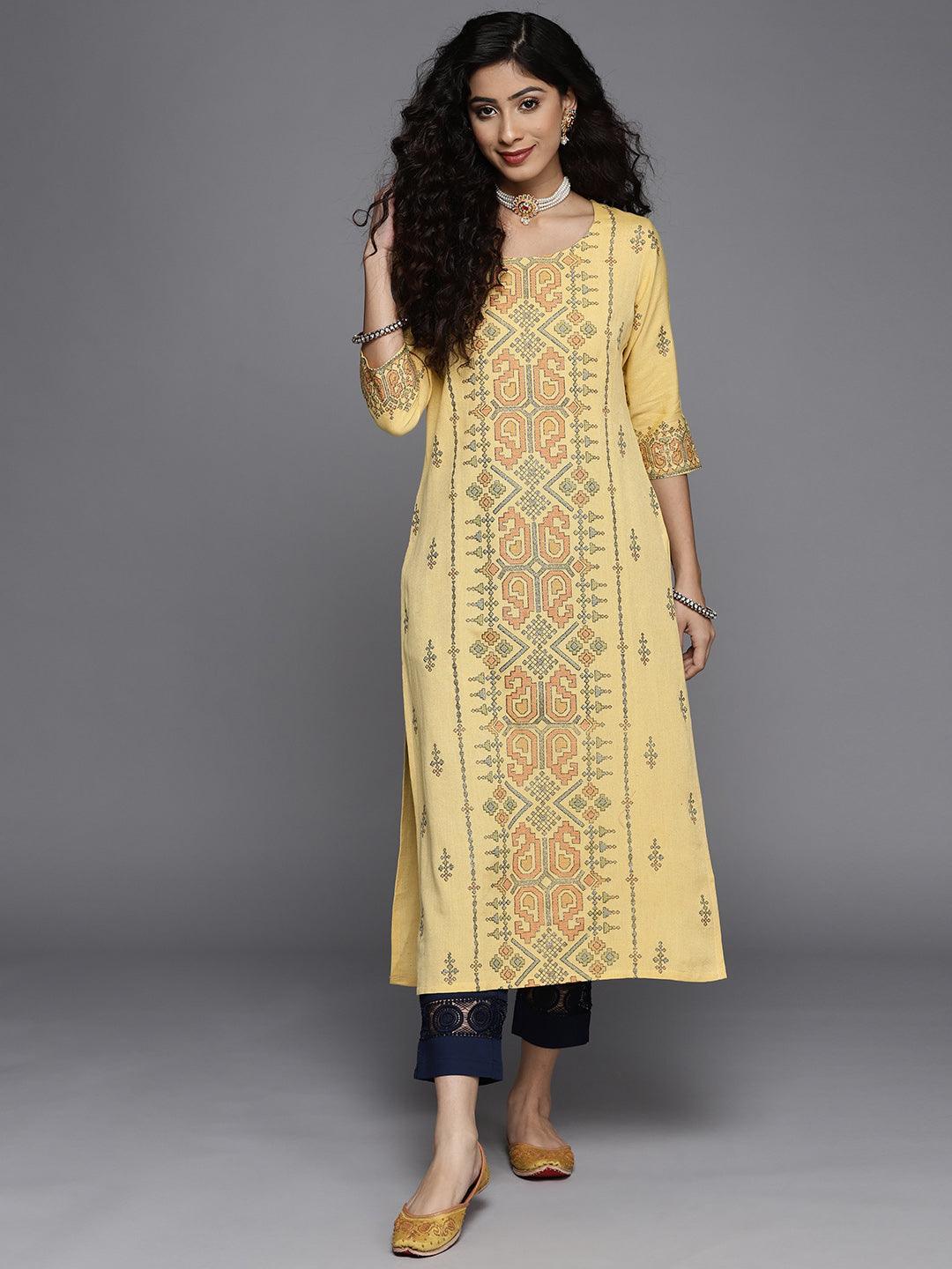 Yellow Printed Cotton Kurta