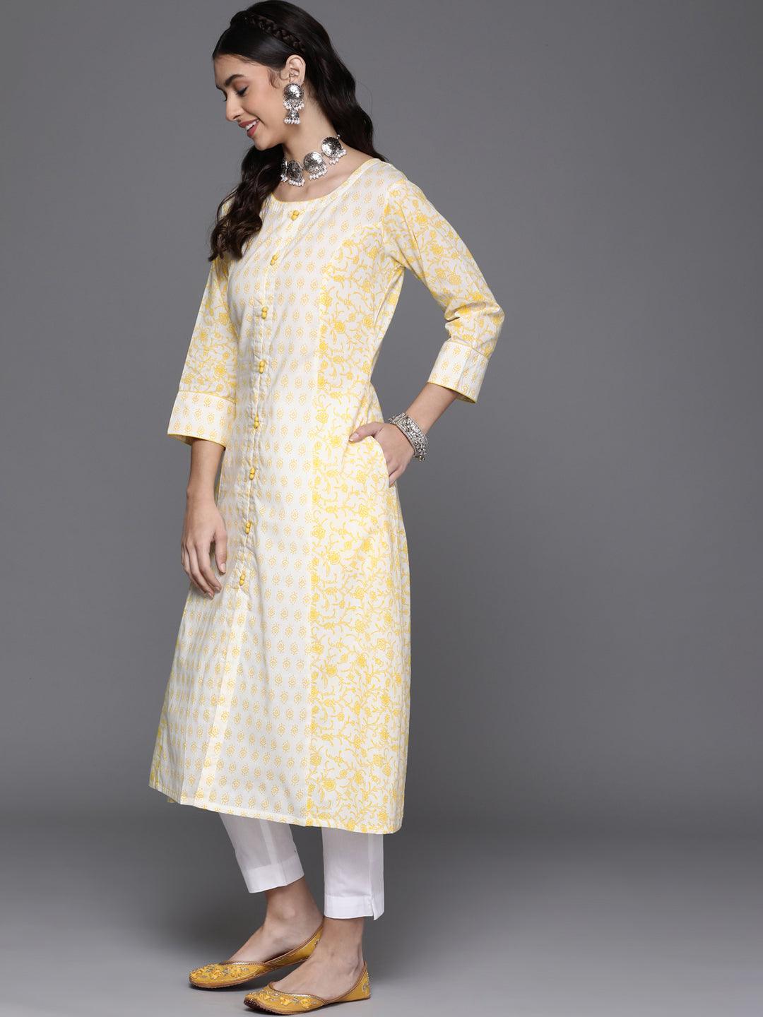 Yellow Printed Cotton Kurta