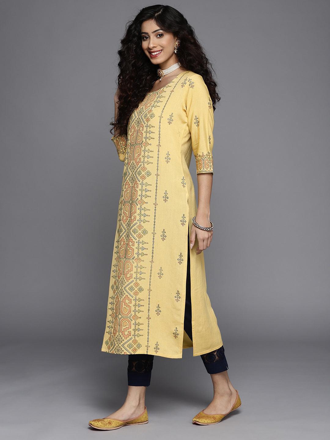 Yellow Printed Cotton Kurta