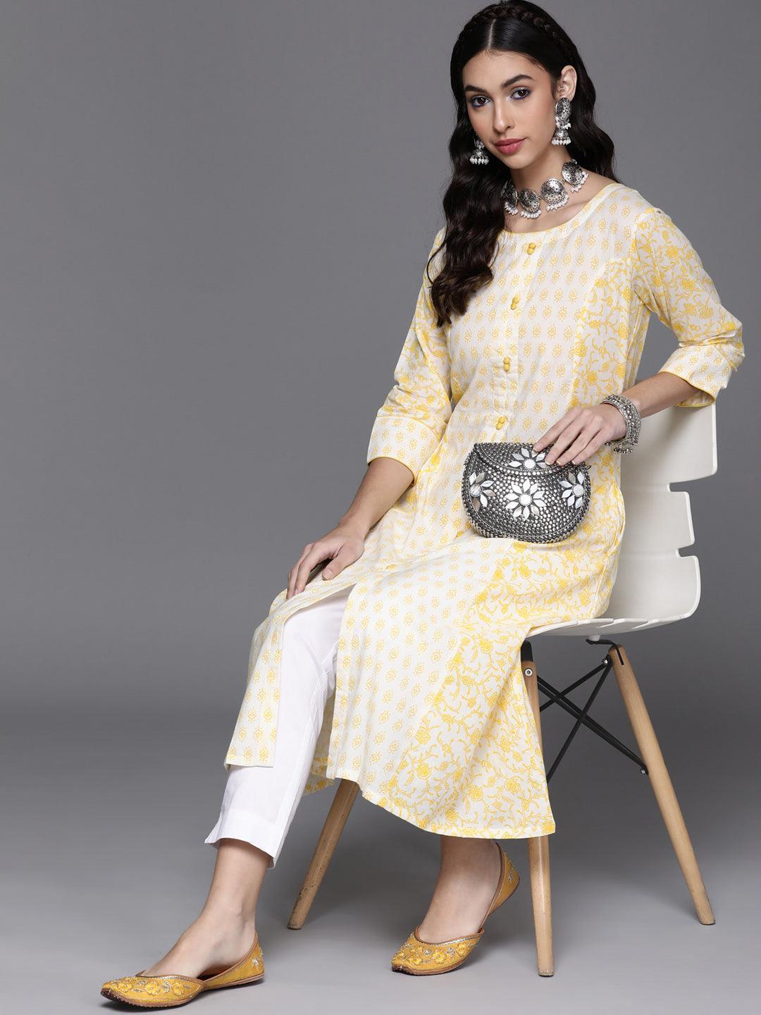 Yellow Printed Cotton Kurta - Libas