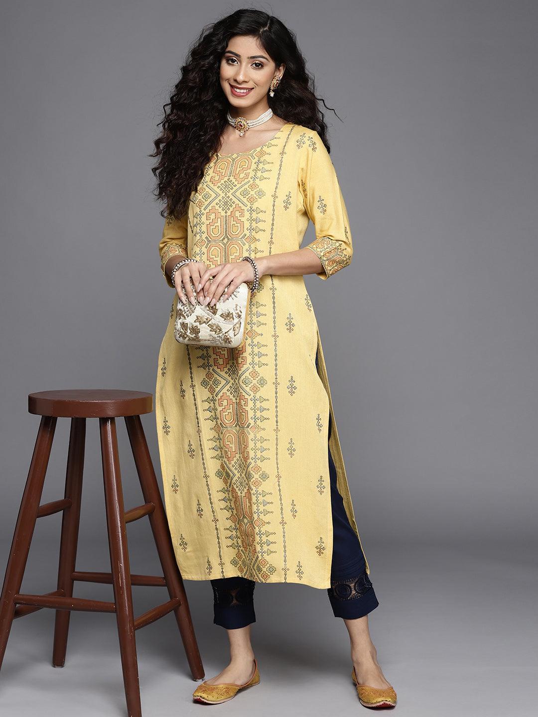 Yellow Printed Cotton Kurta