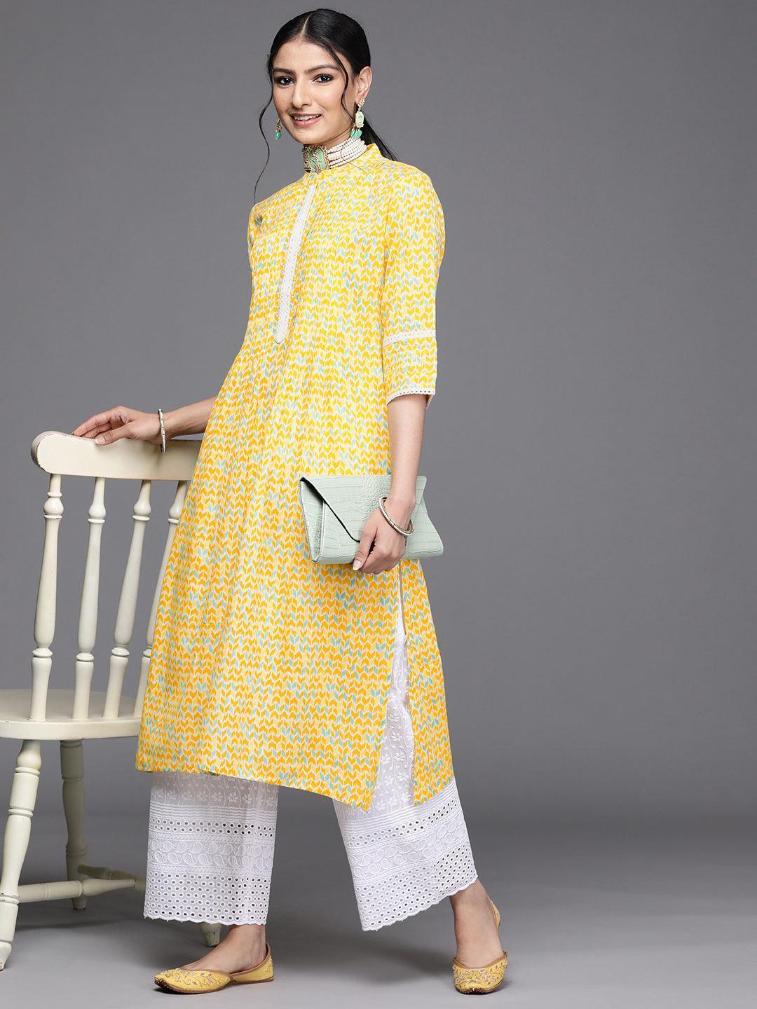 Yellow Printed Cotton Kurta