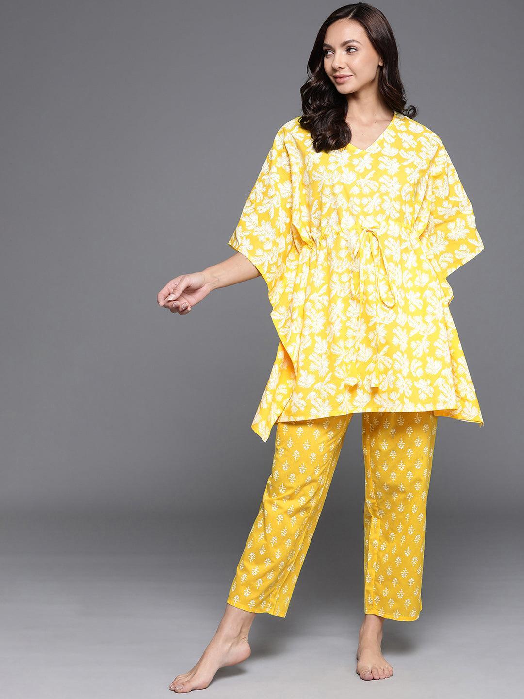 Yellow Printed Cotton Night Suit