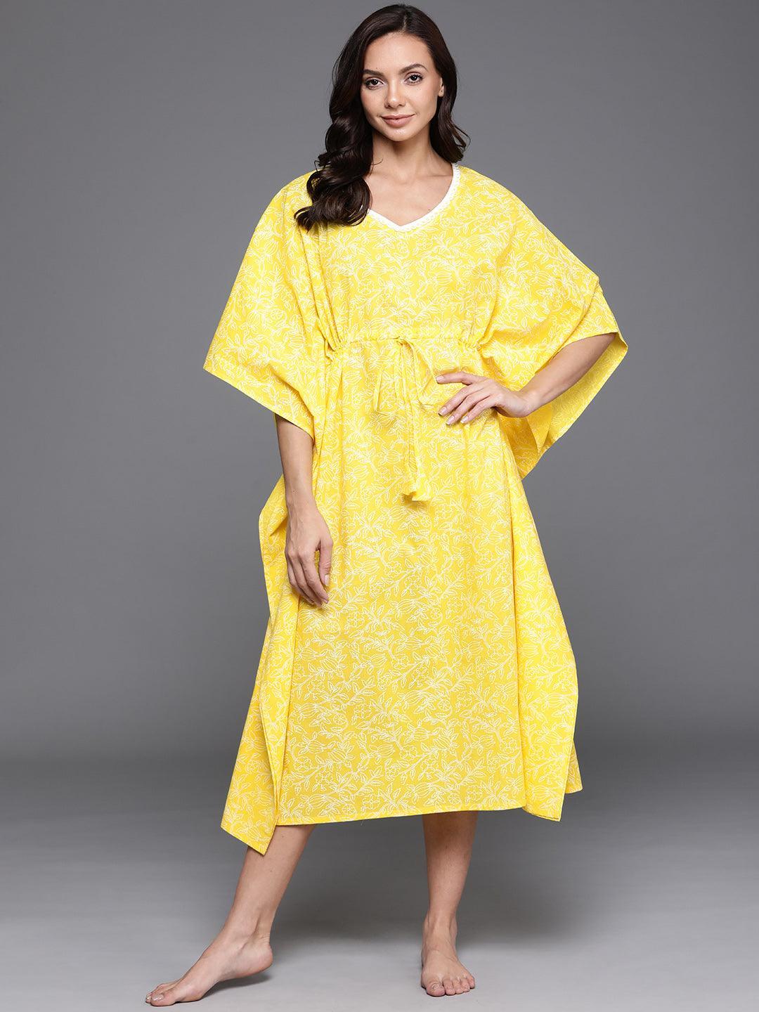 Yellow Printed Cotton Nightdress - ShopLibas