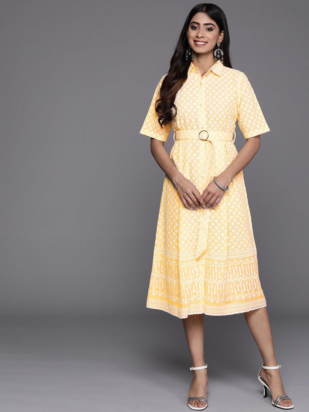 Yellow Printed Cotton Shirt Dress