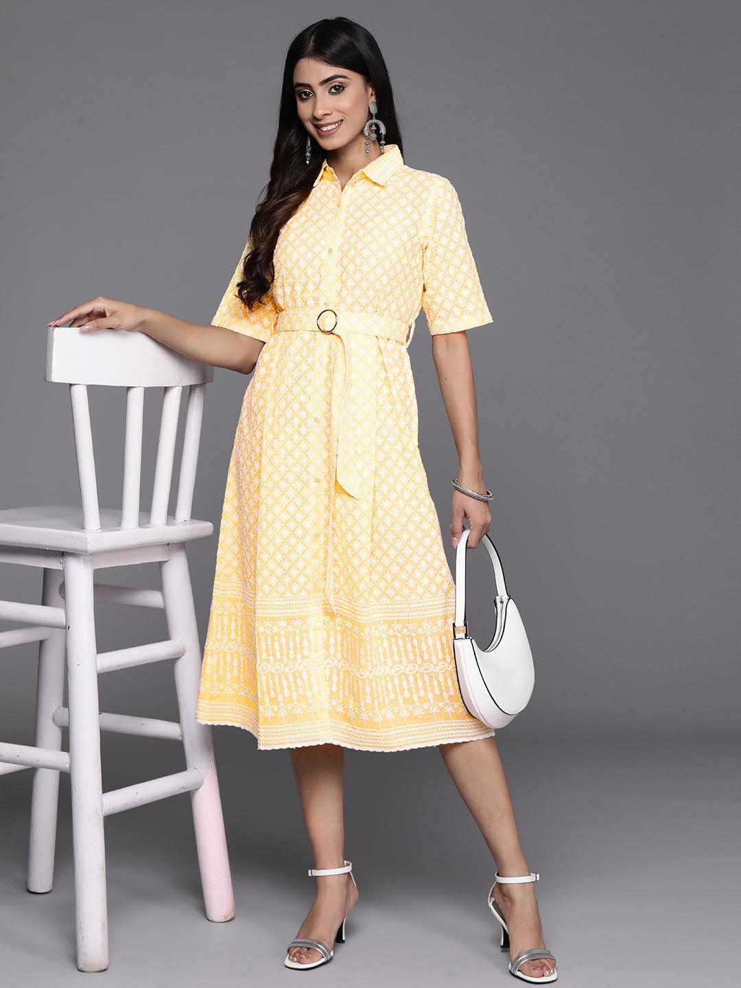 Yellow Printed Cotton Shirt Dress