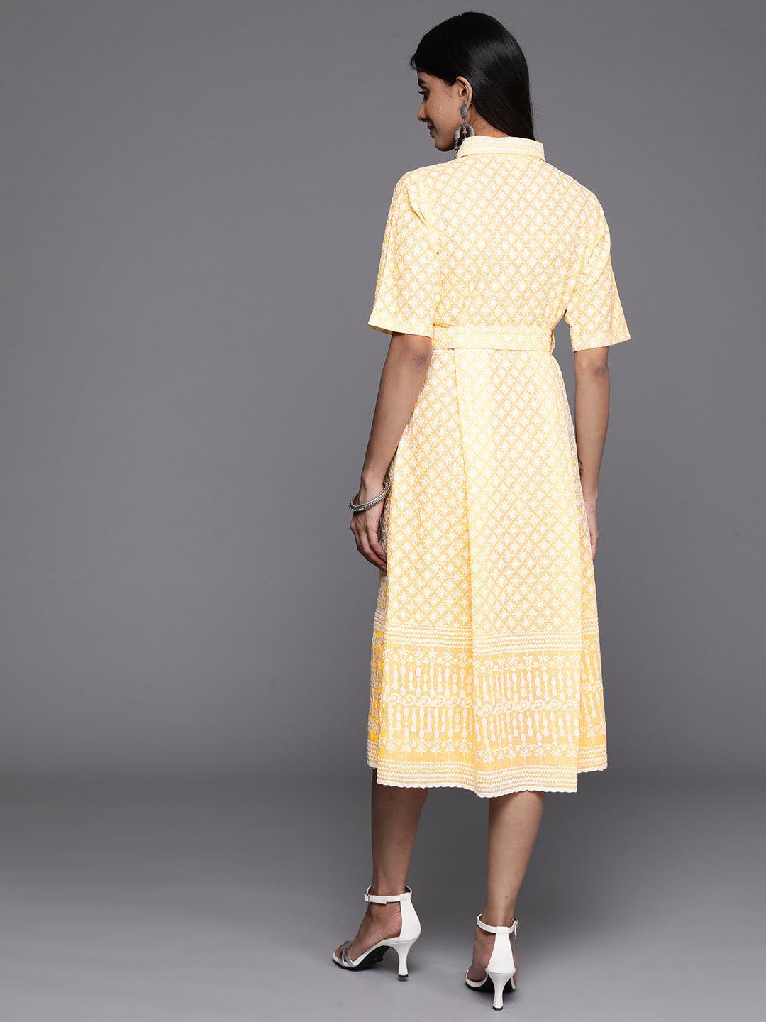 Yellow Printed Cotton Shirt Dress