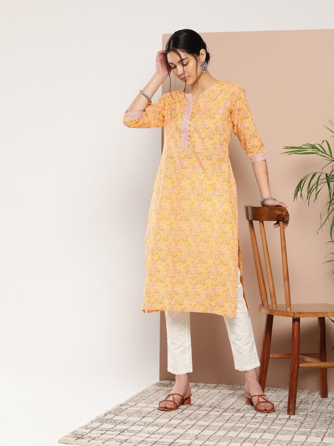 Yellow Printed Cotton Straight Kurta