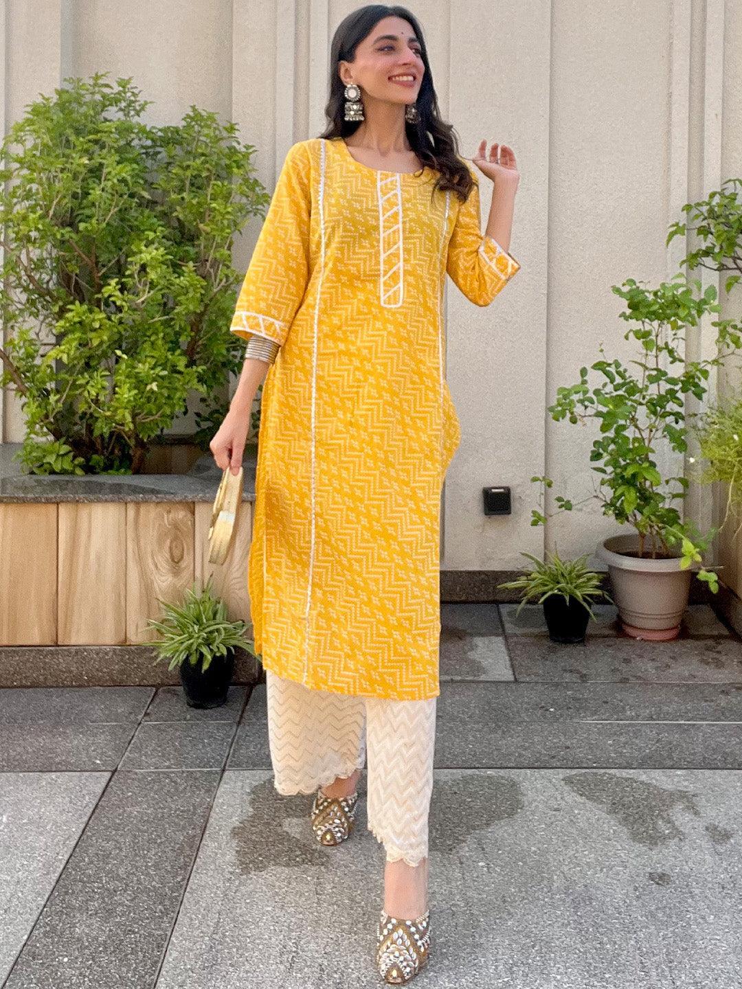 Yellow Printed Cotton Straight Kurta