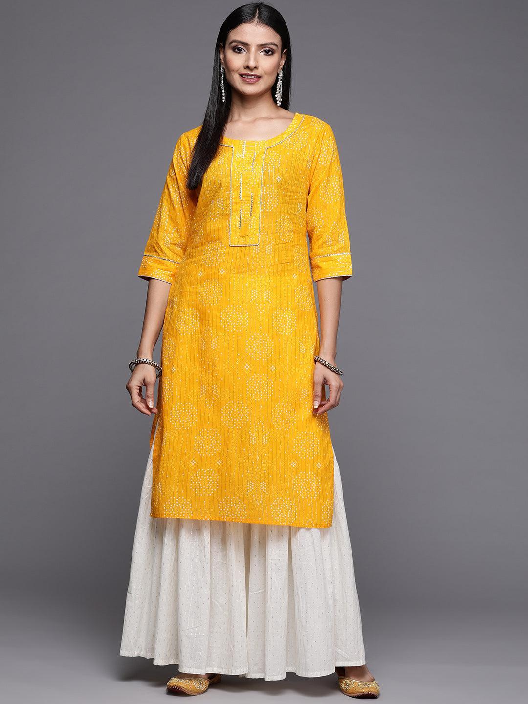 Yellow Printed Cotton Straight Kurta