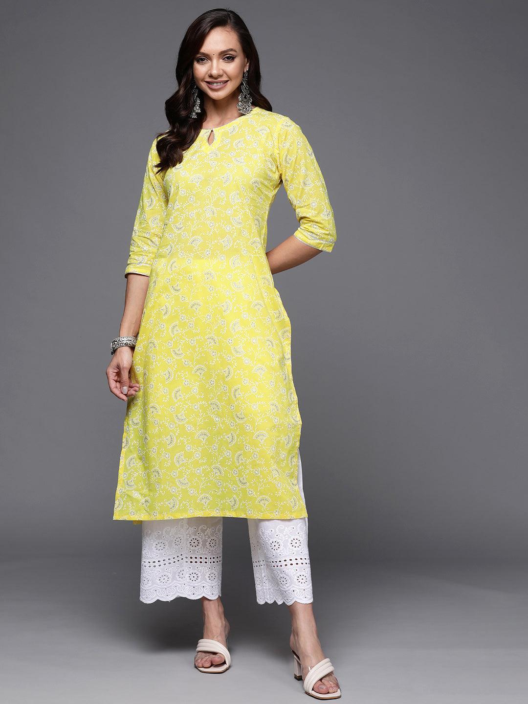 Yellow Printed Cotton Straight Kurta