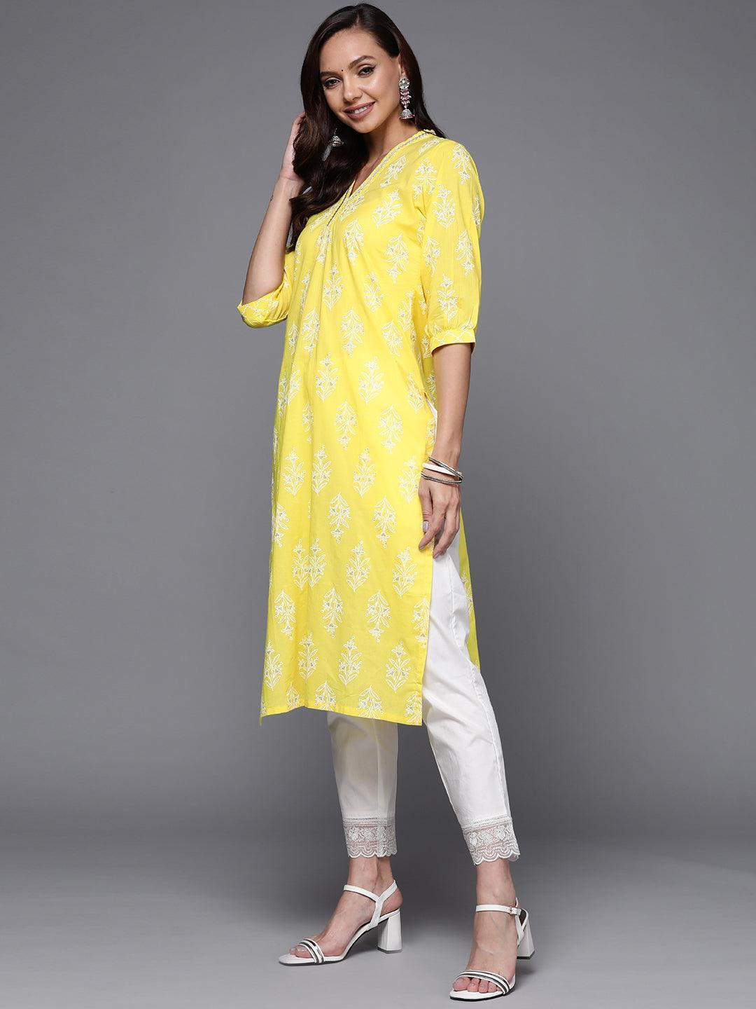 Yellow Printed Cotton Straight Kurta