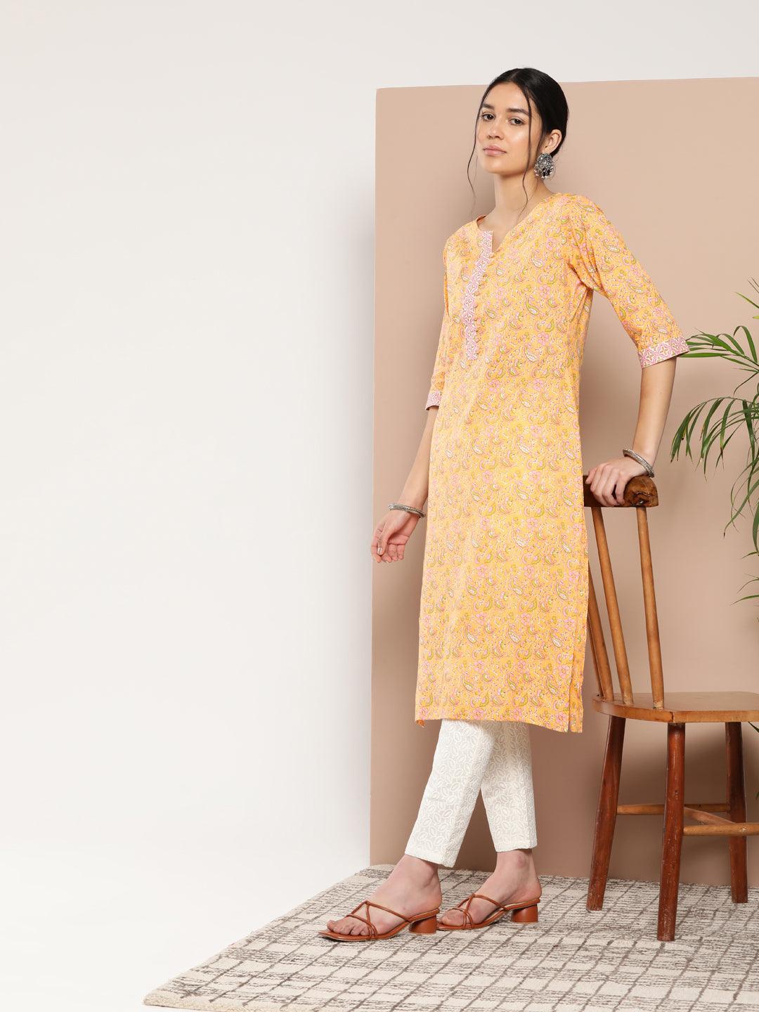 Yellow Printed Cotton Straight Kurta