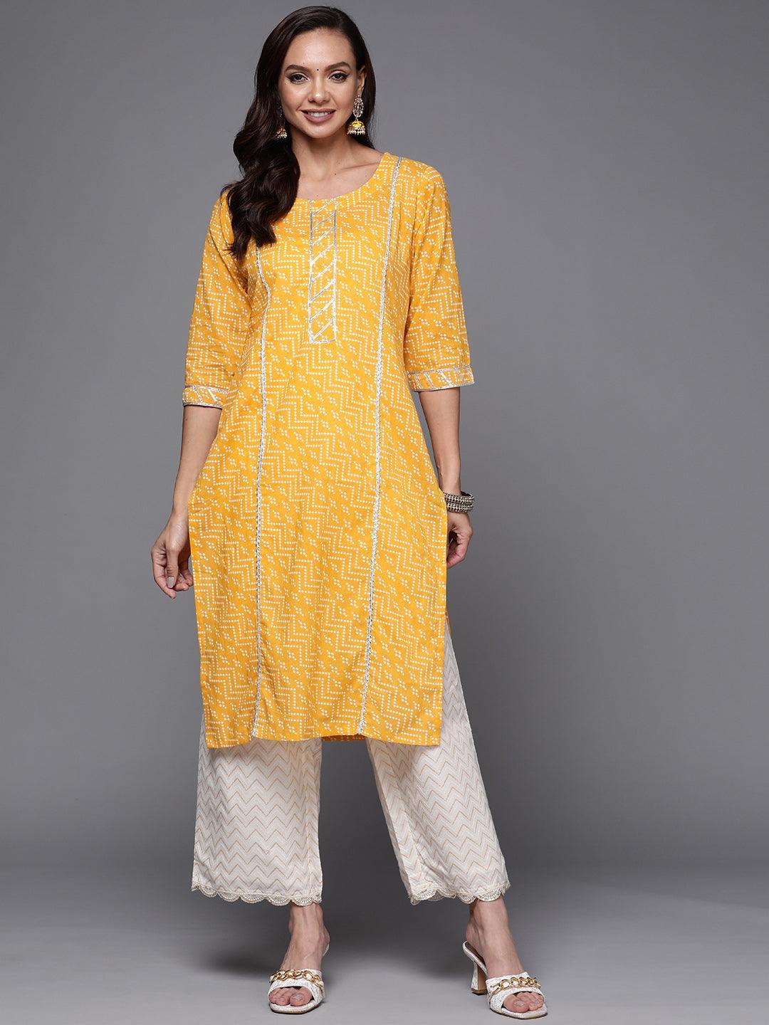 Yellow Printed Cotton Straight Kurta