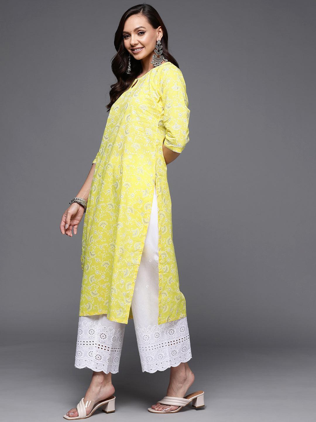 Yellow Printed Cotton Straight Kurta