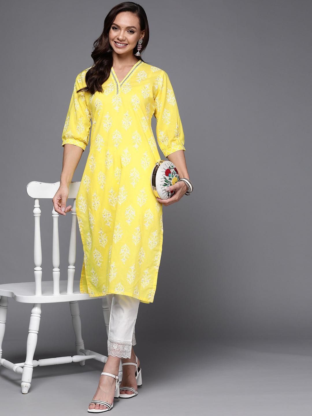 Yellow Printed Cotton Straight Kurta