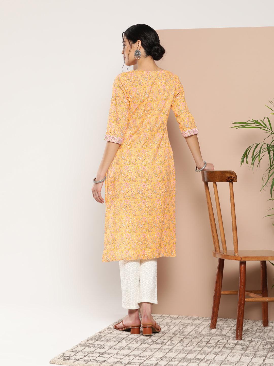 Yellow Printed Cotton Straight Kurta