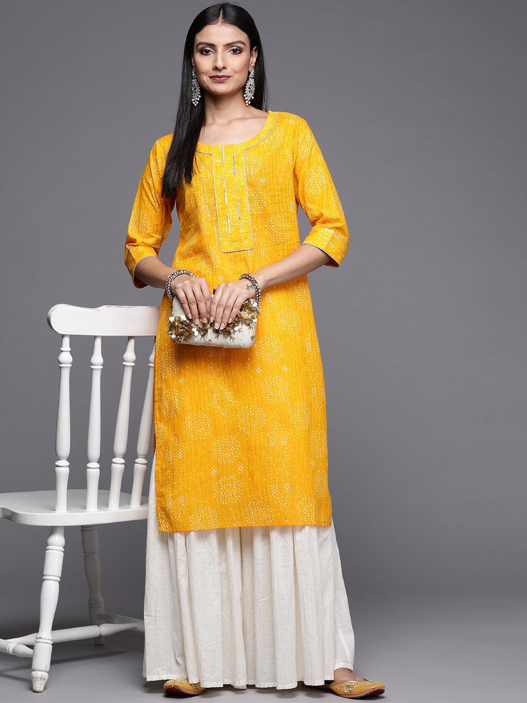 Yellow Printed Cotton Straight Kurta