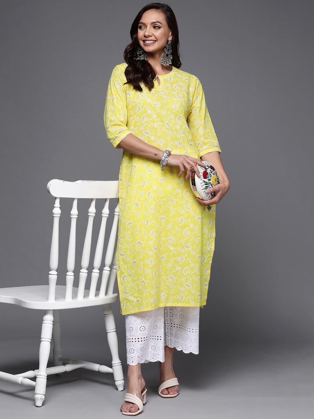 Yellow Printed Cotton Straight Kurta