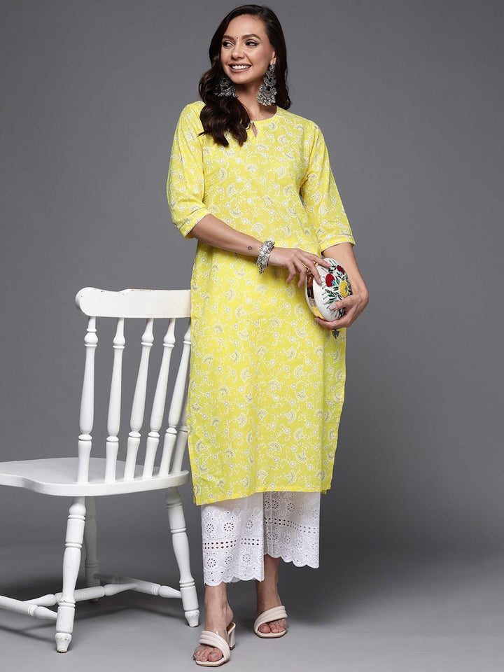 Yellow Printed Cotton Straight Kurta - ShopLibas