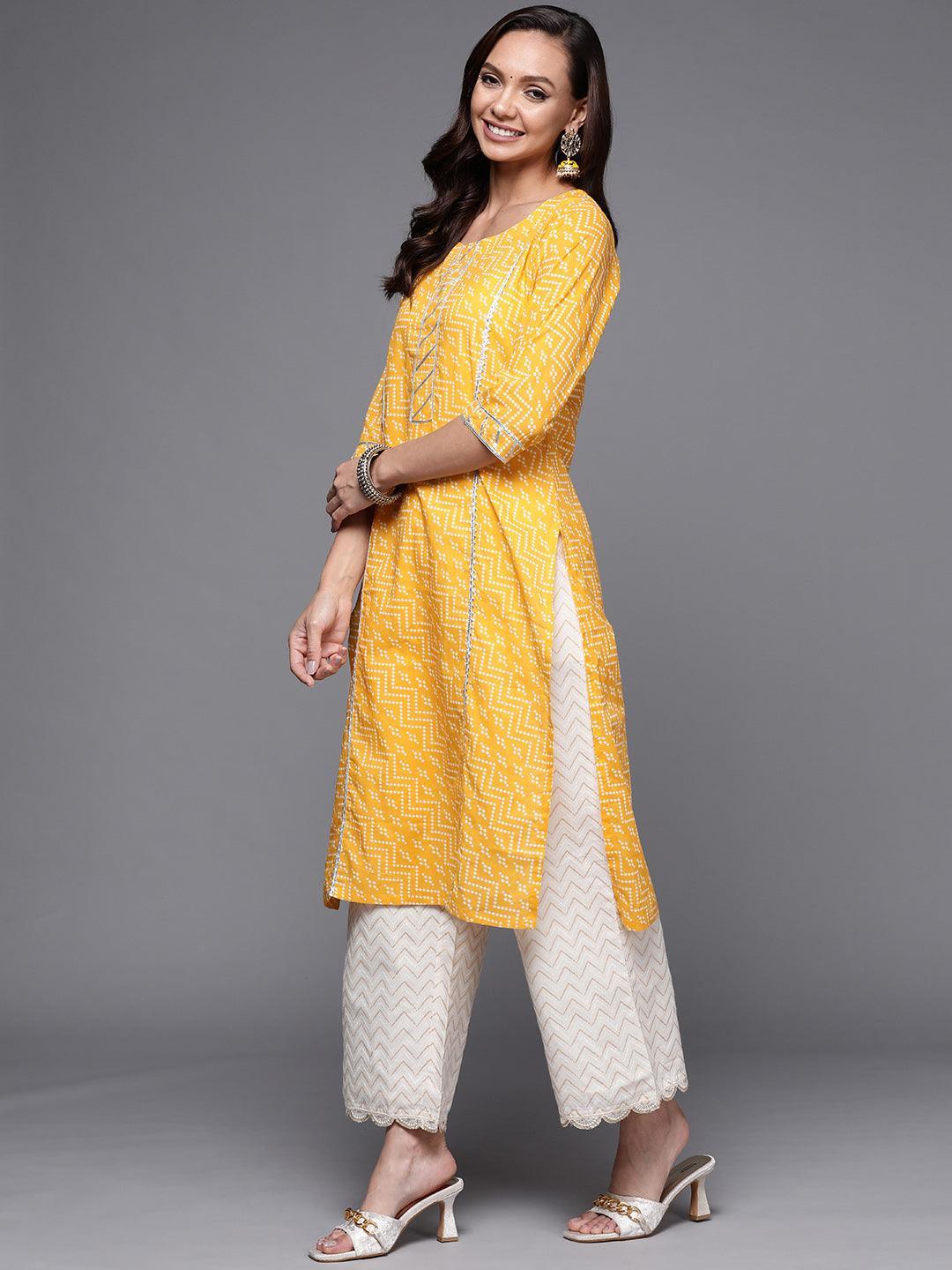 Yellow Printed Cotton Straight Kurta