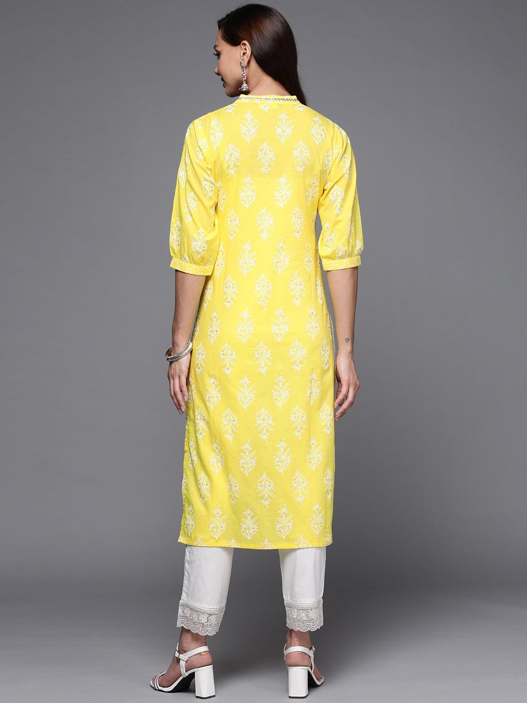 Yellow Printed Cotton Straight Kurta