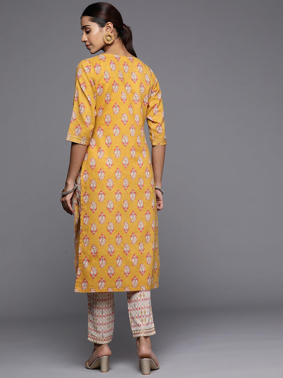 Yellow Printed Cotton Straight Kurta - ShopLibas