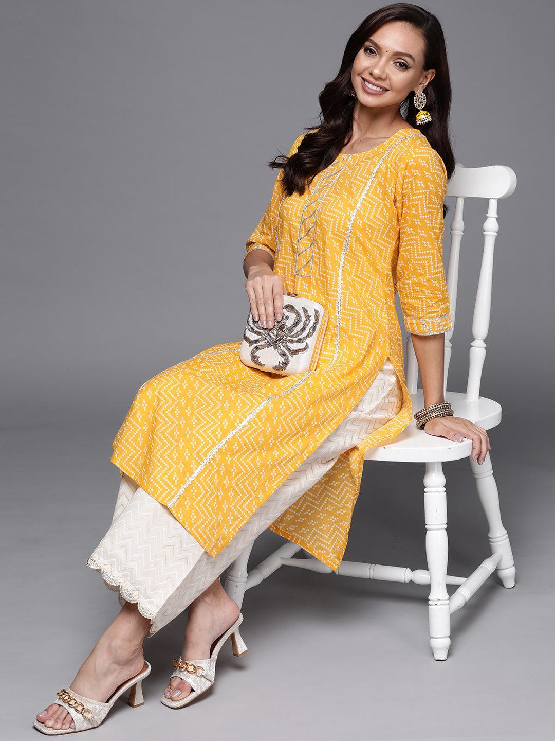 Yellow Printed Cotton Straight Kurta