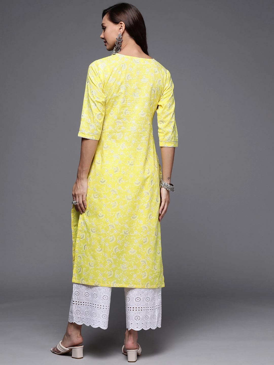 Yellow Printed Cotton Straight Kurta