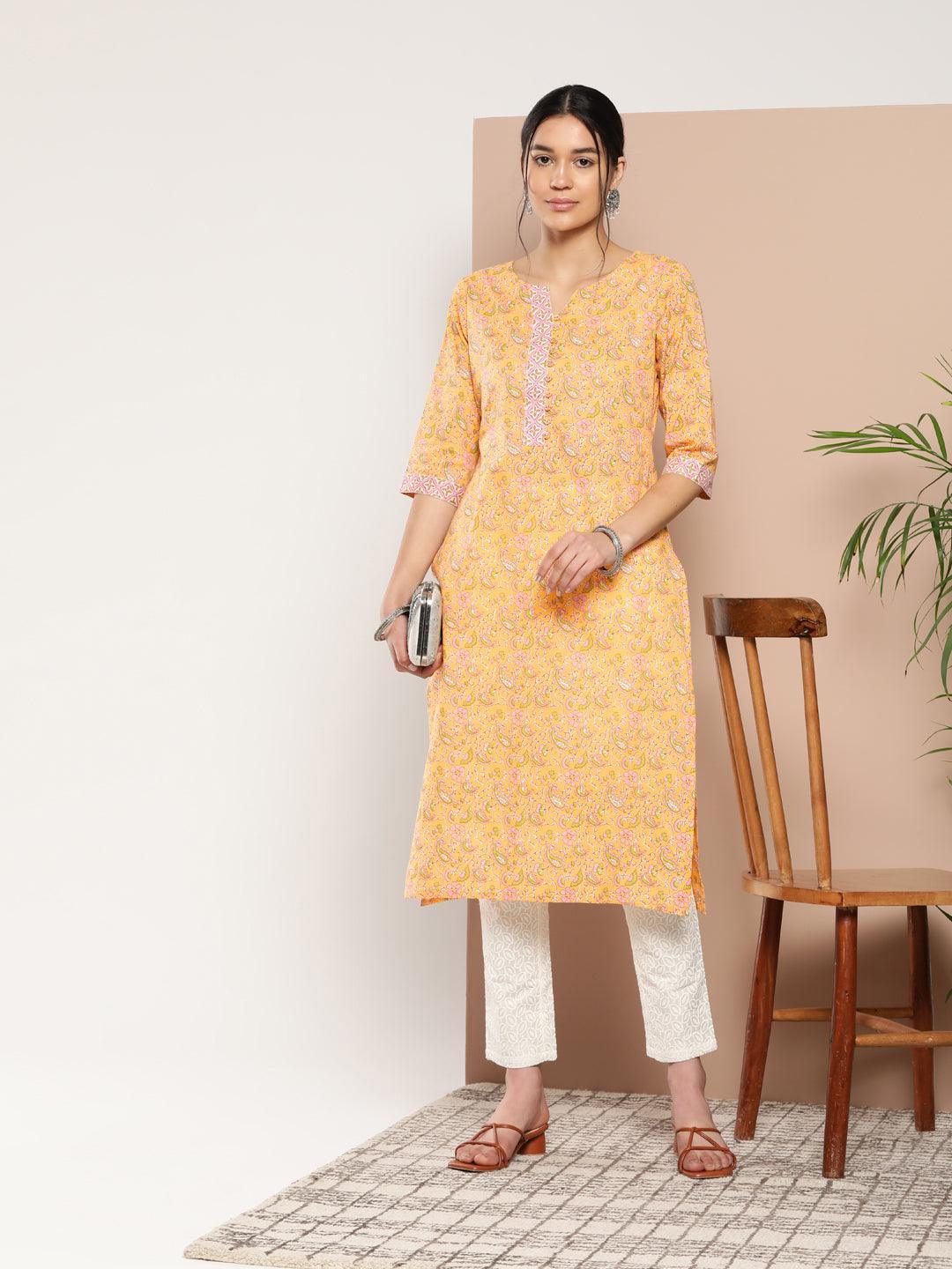 Yellow Printed Cotton Straight Kurta