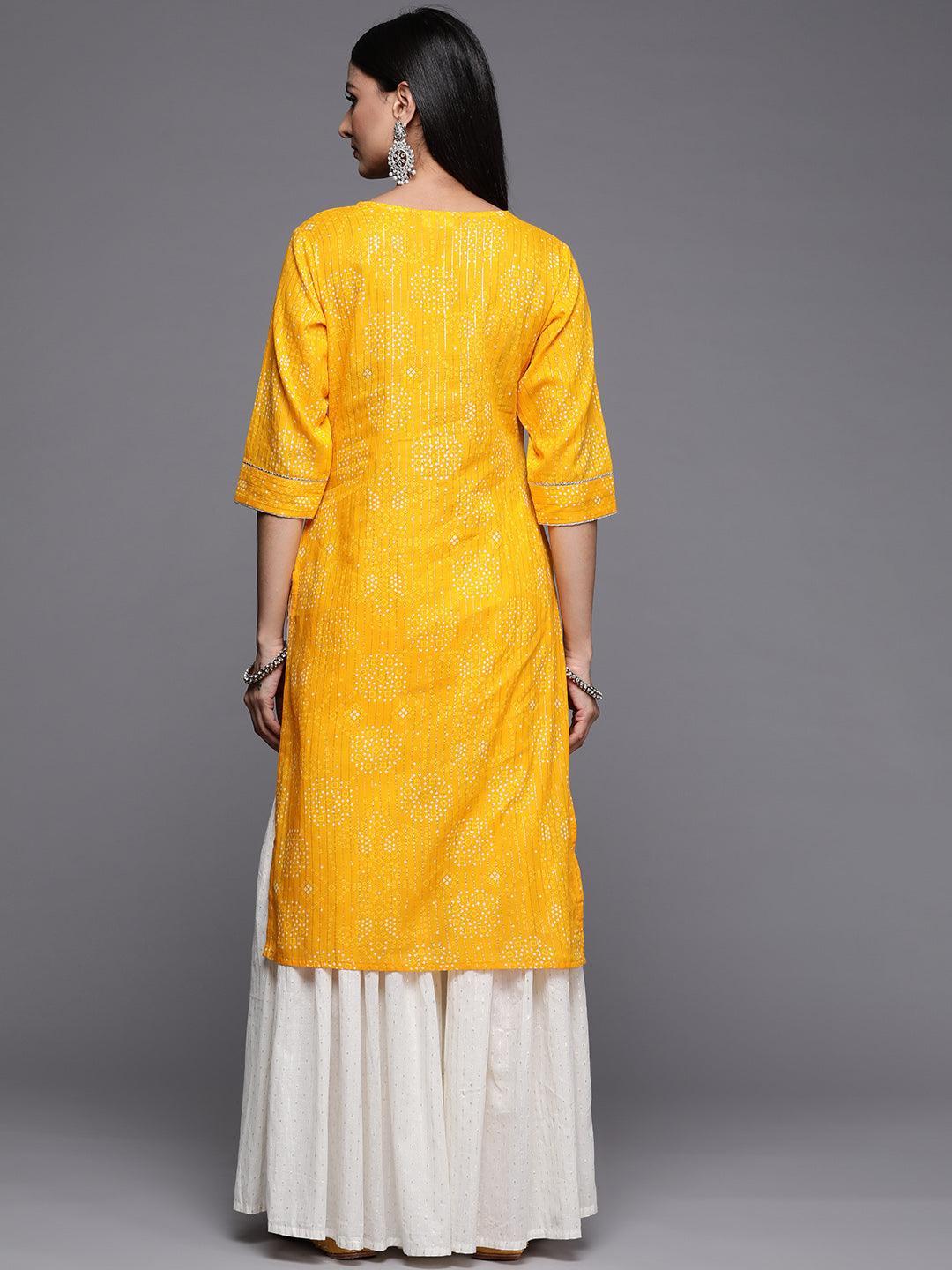 Yellow Printed Cotton Straight Kurta - Libas