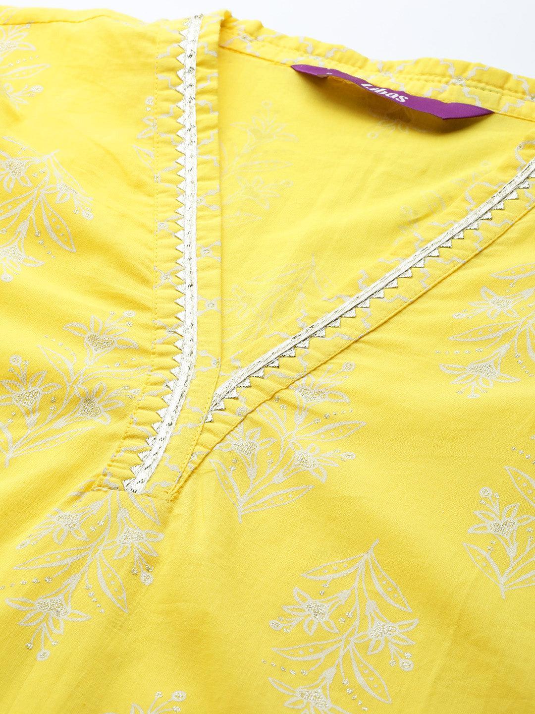 Yellow Printed Cotton Straight Kurta