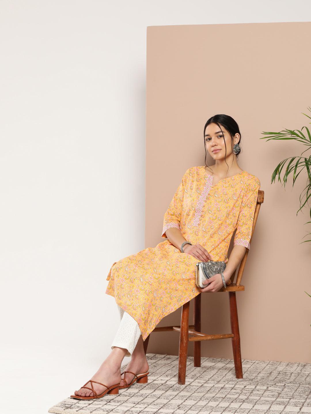 Yellow Printed Cotton Straight Kurta