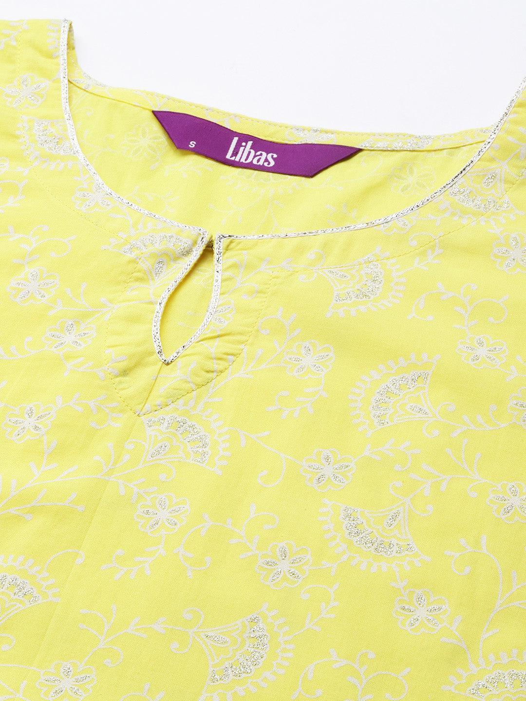 Yellow Printed Cotton Straight Kurta