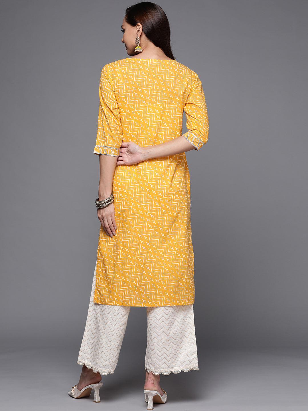 Yellow Printed Cotton Straight Kurta