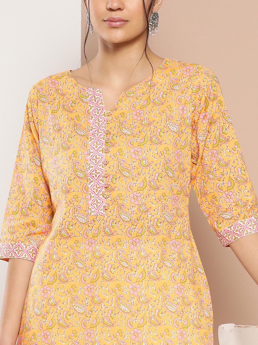 Yellow Printed Cotton Straight Kurta