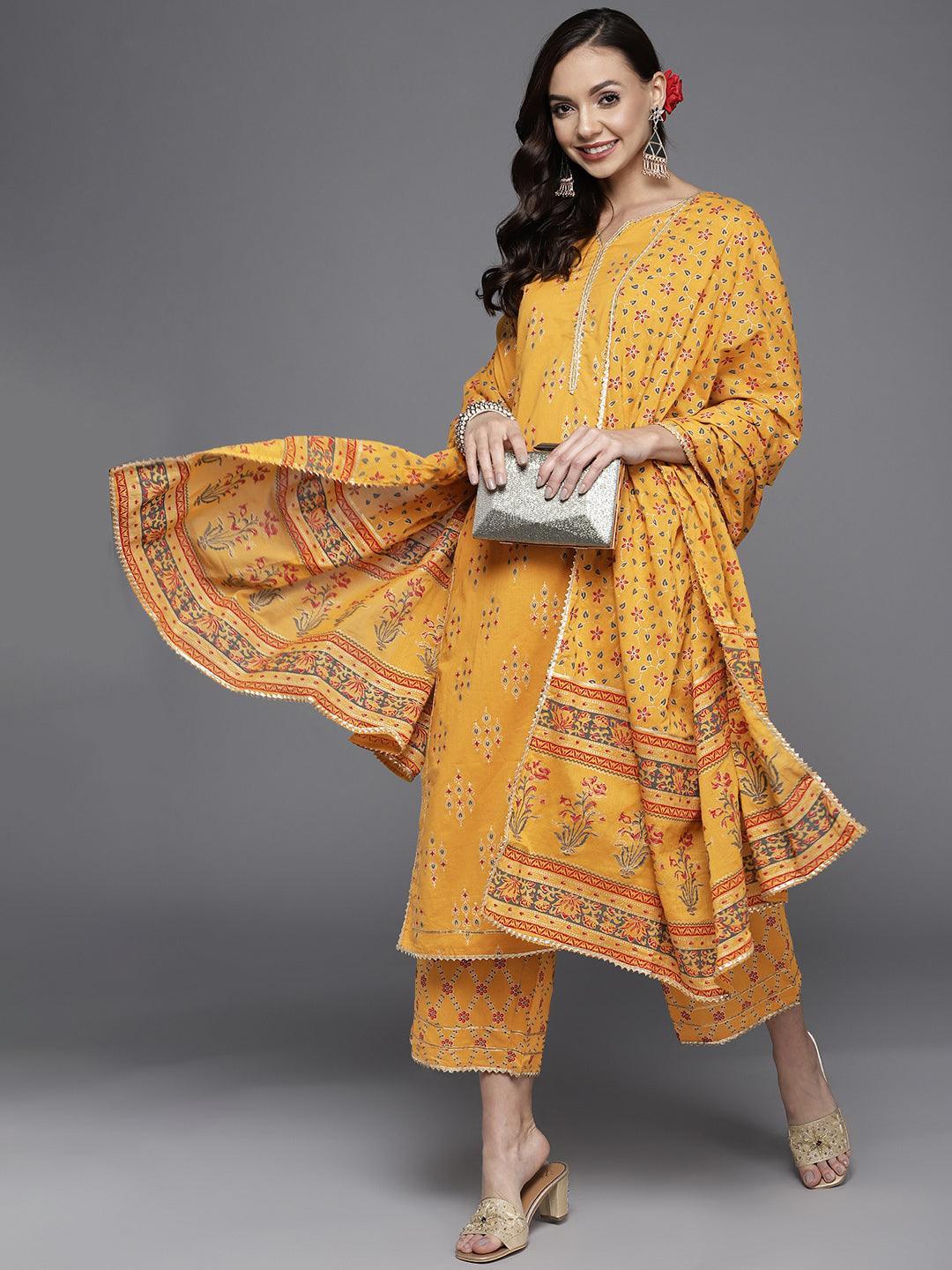 Yellow Printed Cotton Straight Suit Set - ShopLibas