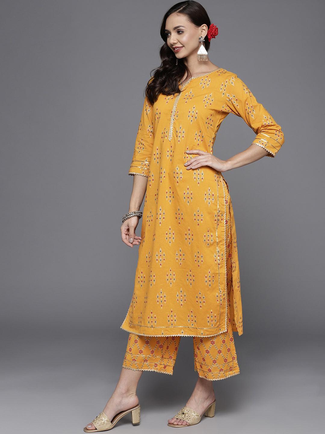 Yellow Printed Cotton Straight Suit Set