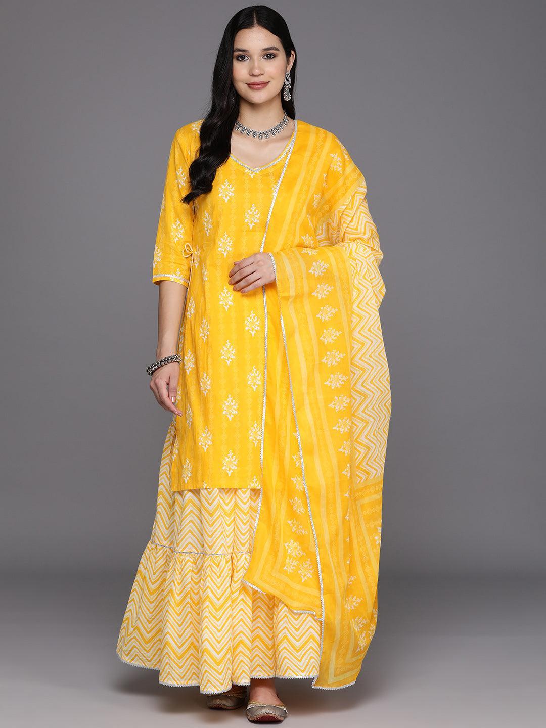 Yellow Printed Cotton Straight Kurta With Skirt & Dupatta