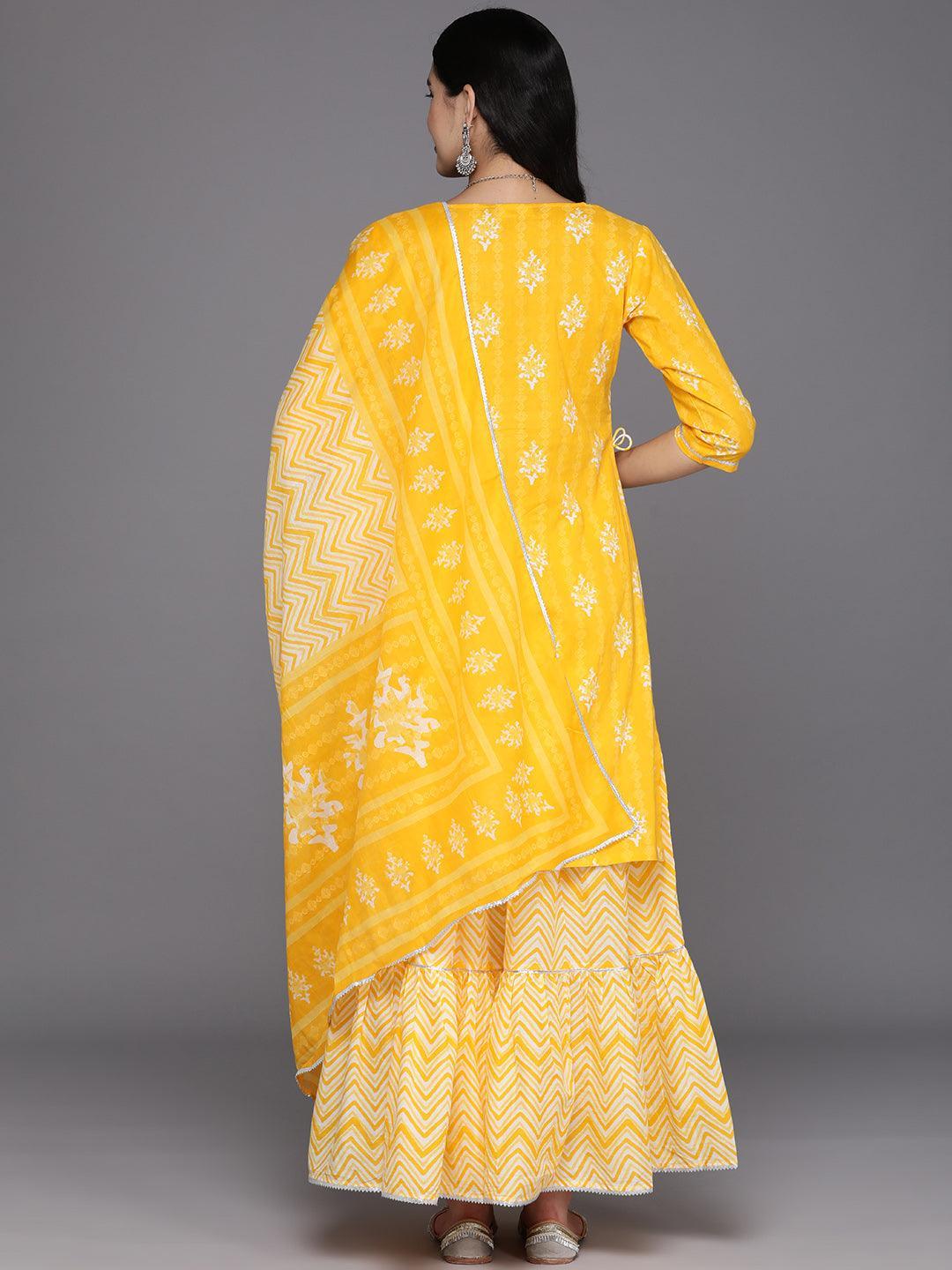 Yellow Printed Cotton Straight Kurta With Skirt & Dupatta